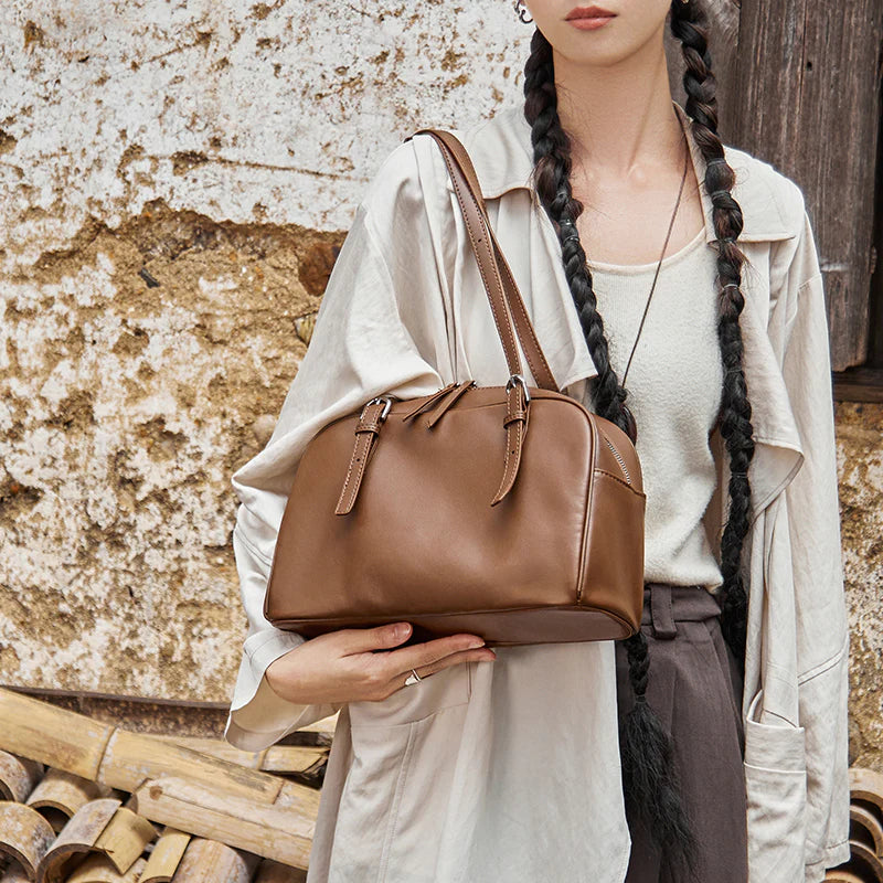 Nalandu Vintage Leather Bowling Bag - Camel
