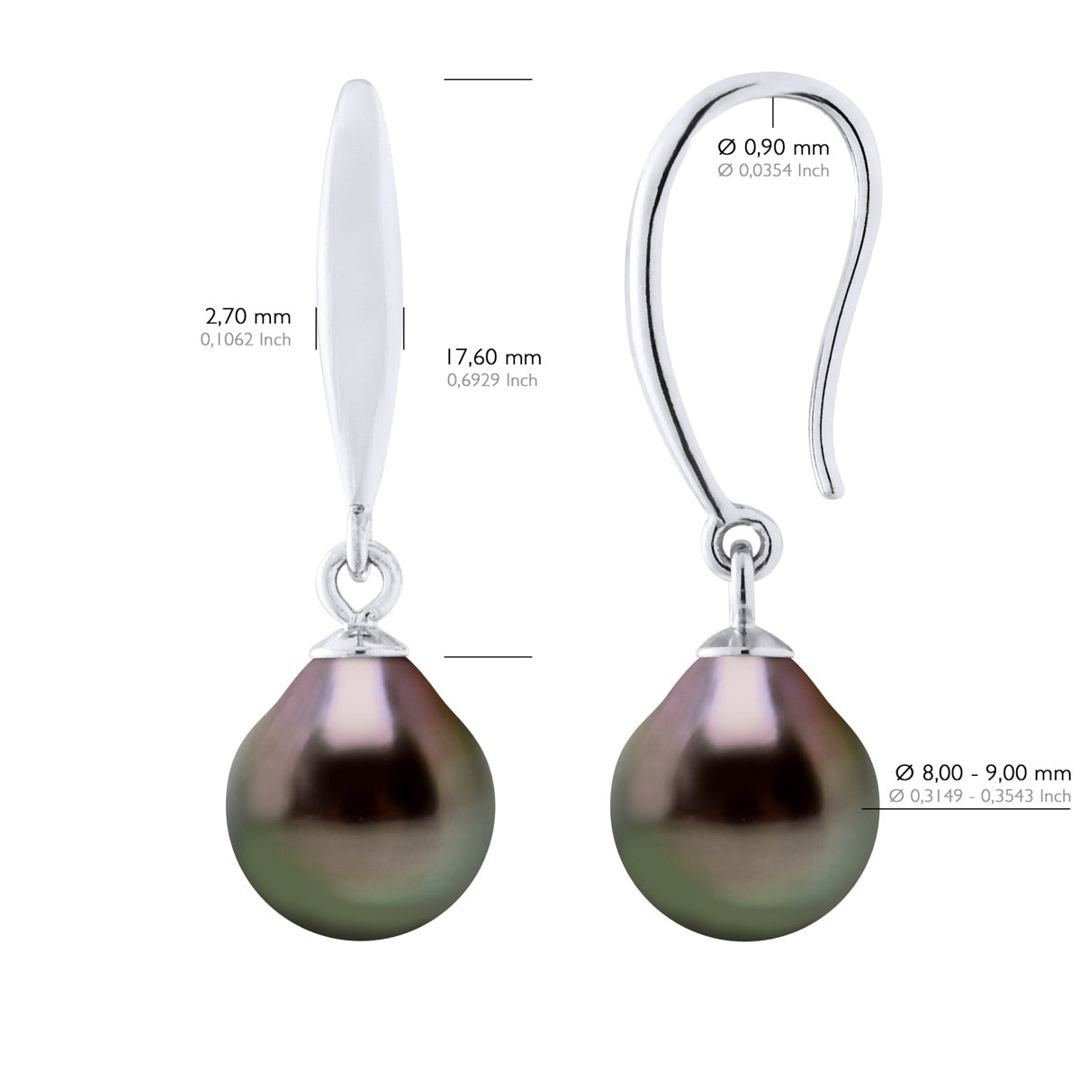 Earrings of Silver 925 and Real Cultured Tahiti Pearls Pear 8-9 mm - Longueur 42 cm
