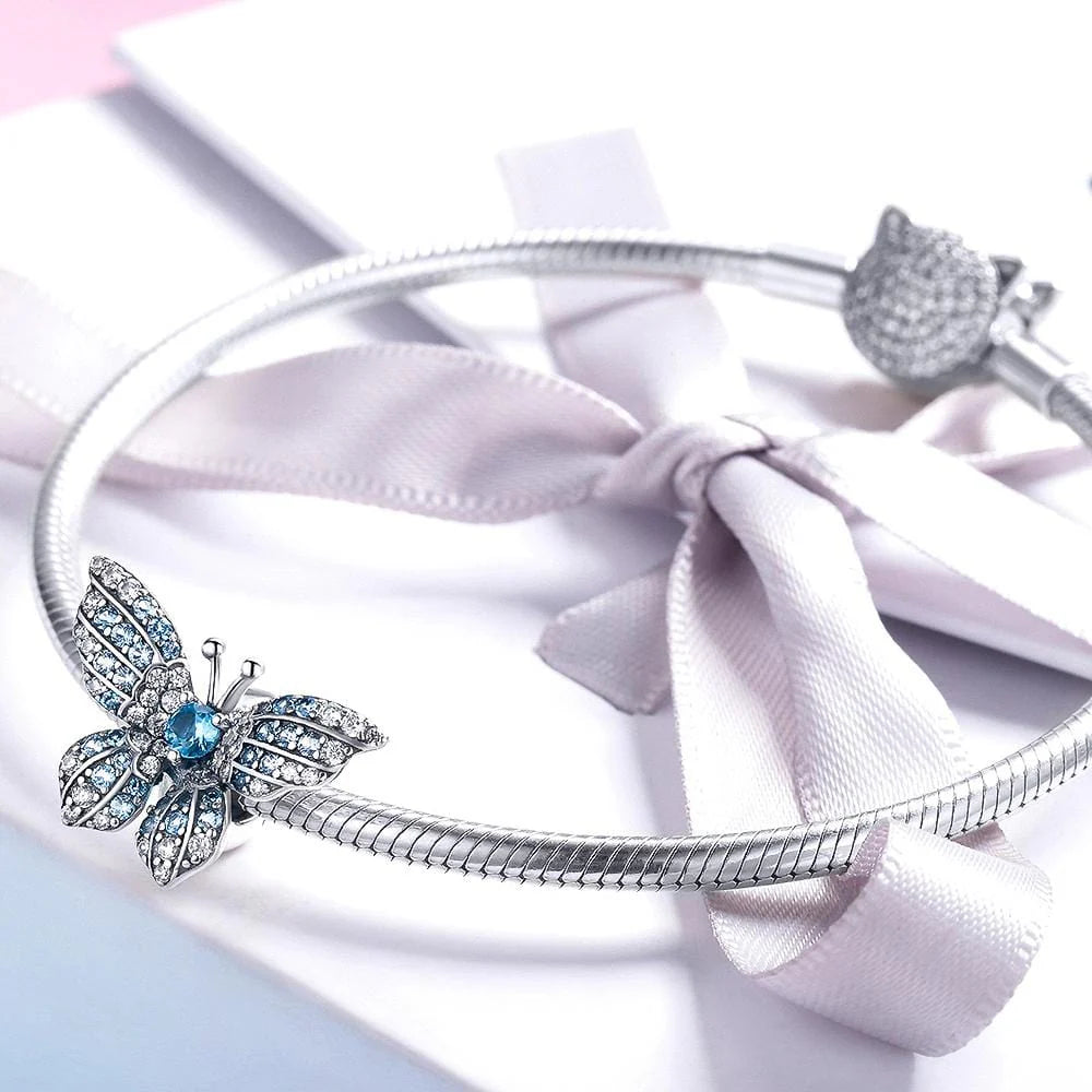 Solid 925 Sterling Silver Blue Butterfly Animal Pandora Inspired Charm