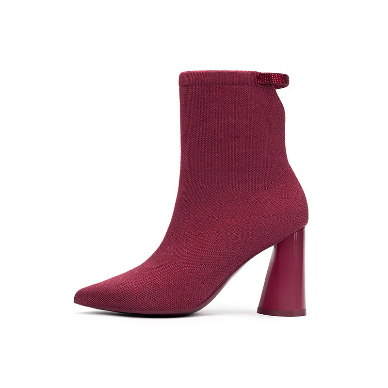 Pointed Toe Block Heel Knit Ankle Boots - Wine