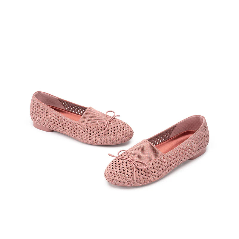 Bow Hollow Mesh Knit Round Toe Low Heel Flats - Coral