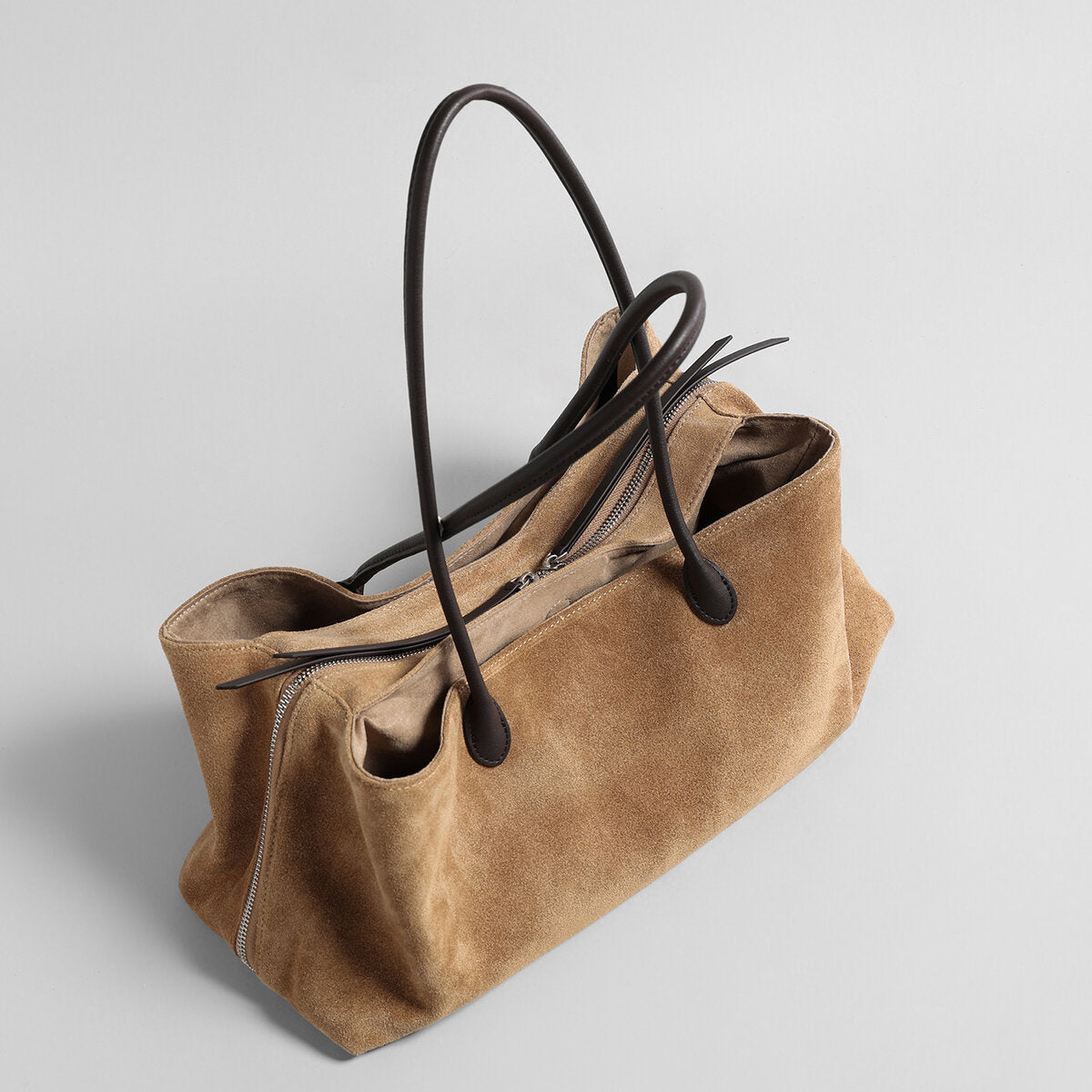 Suede Leather Triple-Compartment Tote Bag - Camel