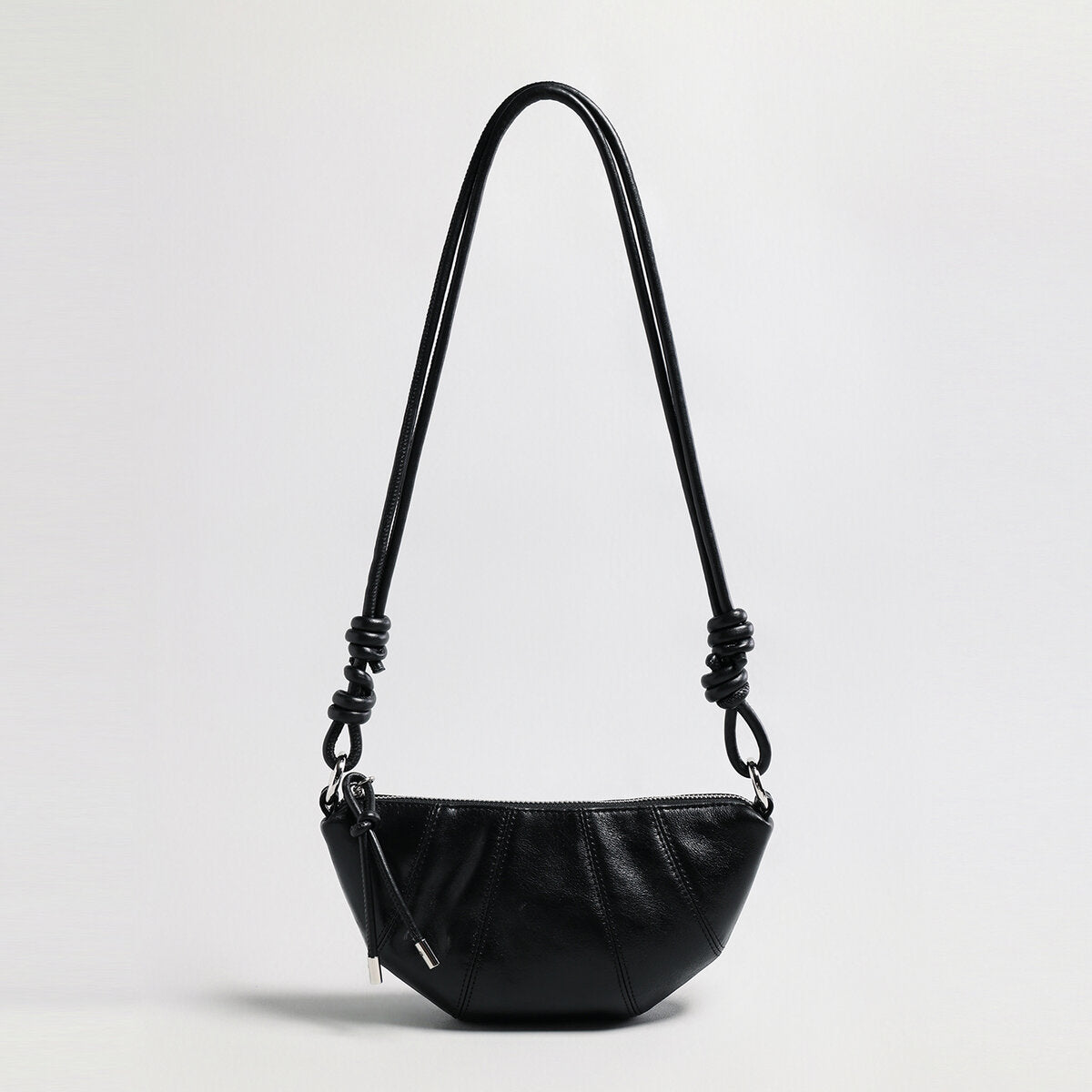 Oil-Wax Leather Crescent Shoulder Bag - Black