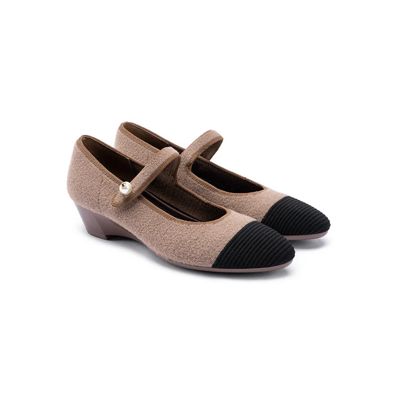 Vintage Tweed Low Heel Mary Jane Shoes - Mocha