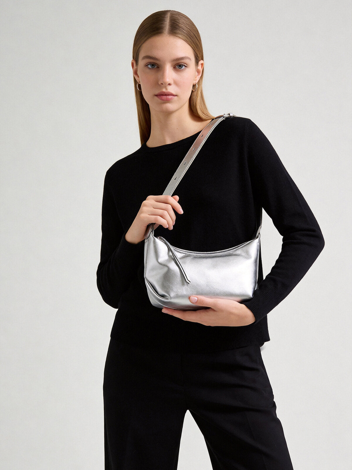Soft Leather Crescent Crossbody - Silver