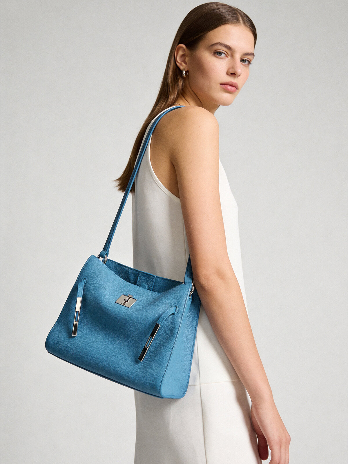 TOGO Leather Turn-Lock Slouchy Tote-Soft Shoulder Handbag - Blue