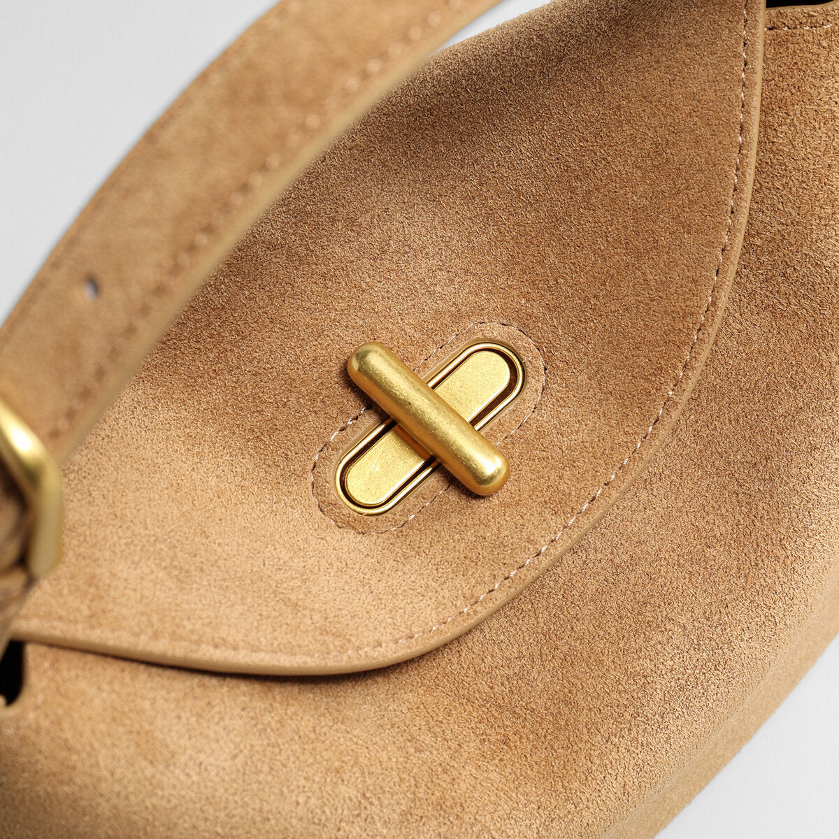 Suede Leather Pebble Top Handle Bag - Camel
