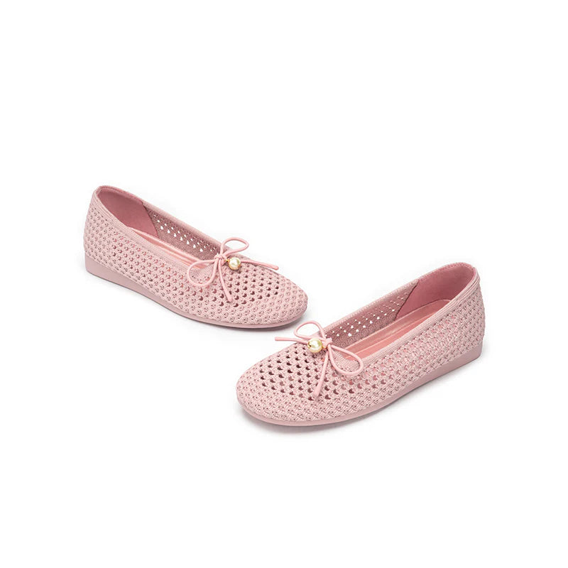 Pearl Bow Heart Mesh Knit Round Toe Wedge Flats - Pink