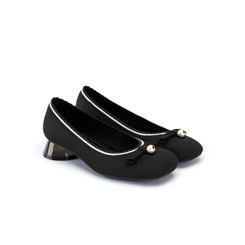 Pearl Bow Knit Square Toe Loafer Pumps - Black