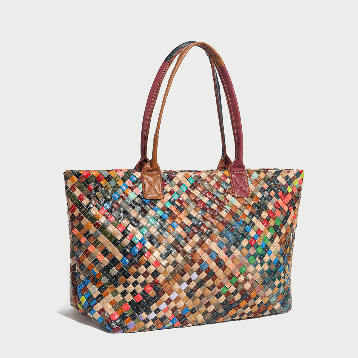 Flamboyant Multicolor Woven Leather Tote Bag - Rainbow