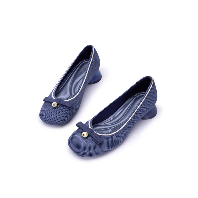 Pearl Bow Knit Square Toe Loafer Pumps - Indigo