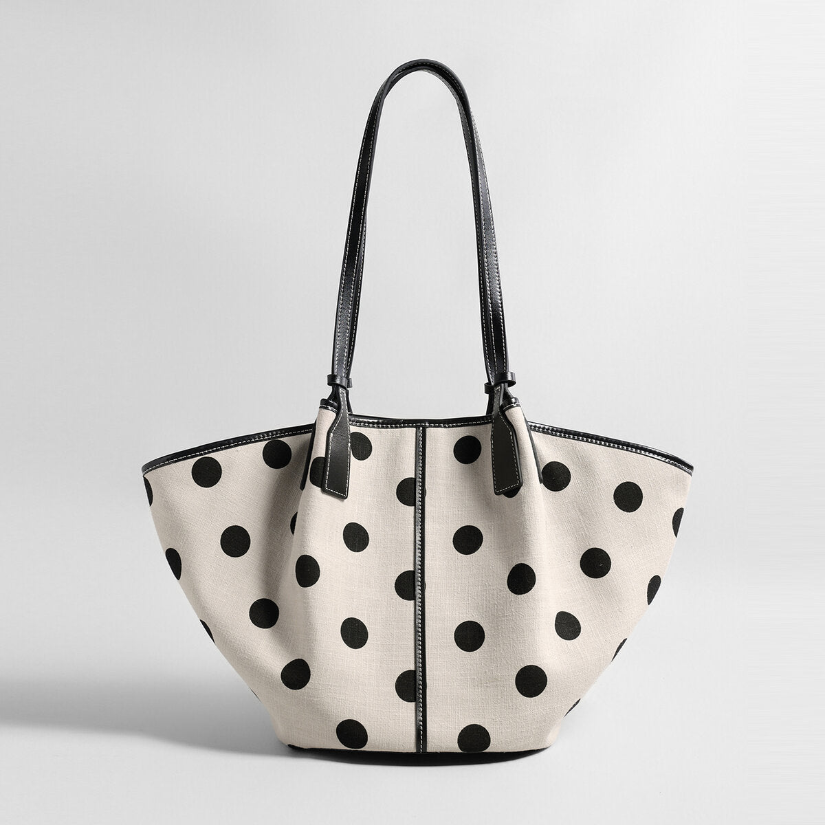 Polka Dot Canvas Basket Tote Bag - Ivory