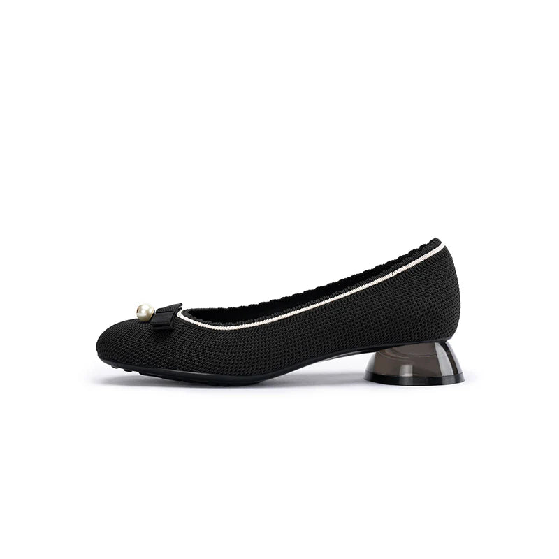Pearl Bow Knit Square Toe Loafer Pumps - Black