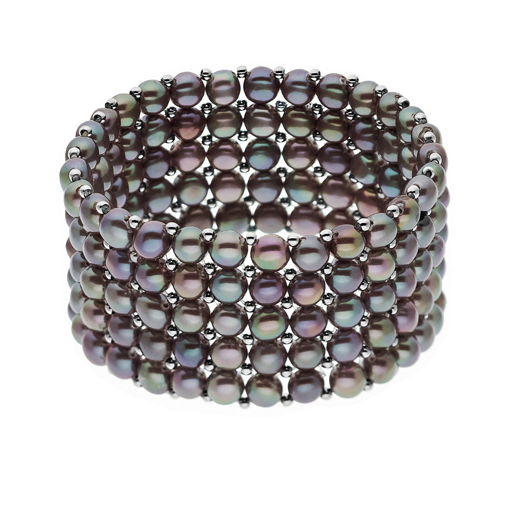 Bracelet 5 Rows of Real Freshwater Pearls 4 mm - Black "Tahitian Style" - Longueur 18 cm
