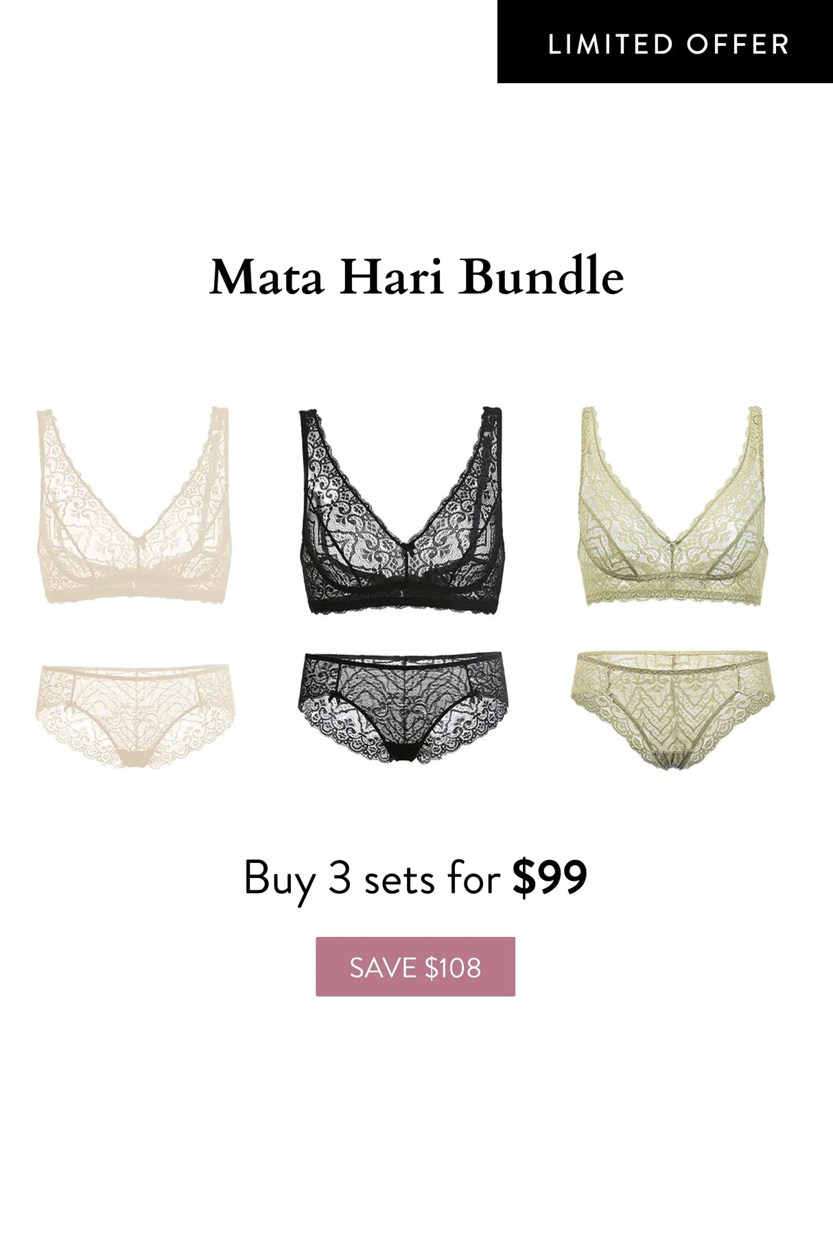 Dear Eve Lingerie Mata Hari Bundle of 3 - Black/Nude/Green