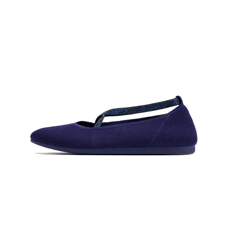 Rhinestone Cross Strap Knit Ballet Flats - Navy