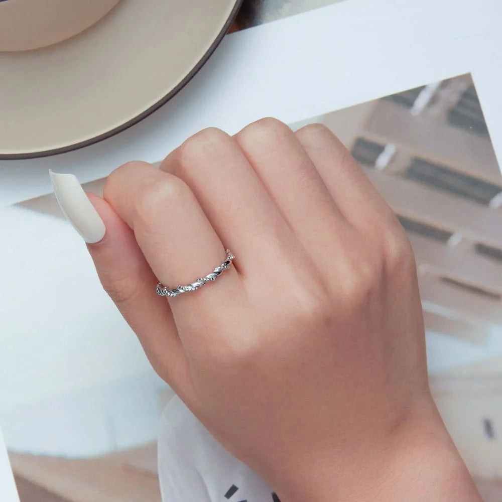 Solid 925 Sterling Silver Twisted Crystal String Ring