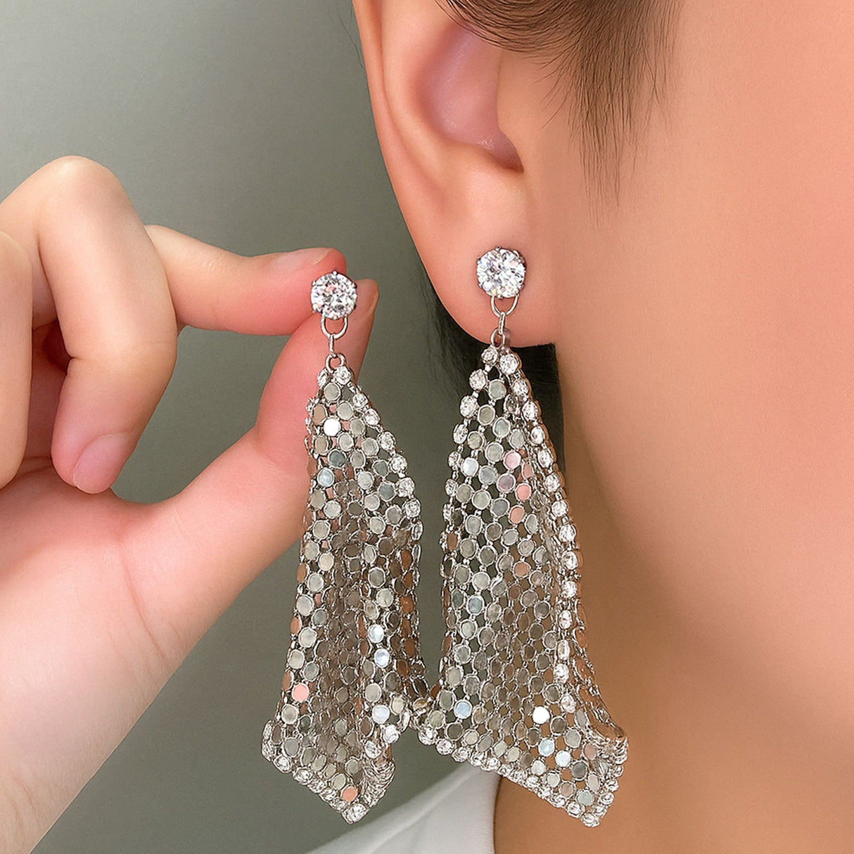 White Gold Mesh Drop Earrings
