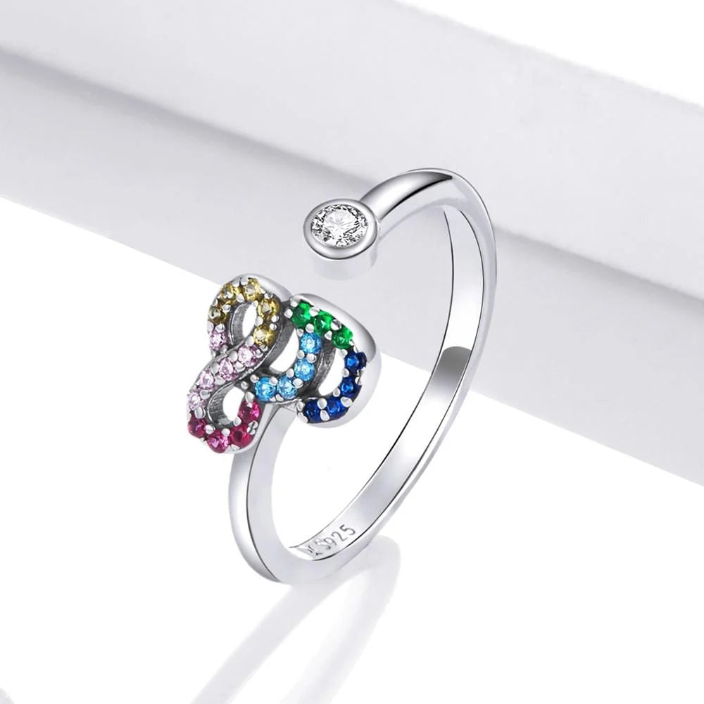 Adjustable Solid 925 Sterling Silver Colourful Rainbow Alphabet Letter Ring