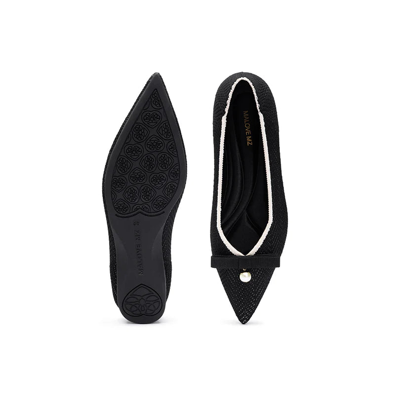 Sarah Casual Pearl Bow Commuter Flats - Black