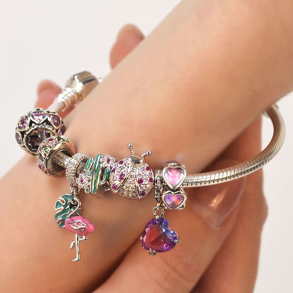 Solid 925 Sterling Silver Pink Beetle with CZ Charm