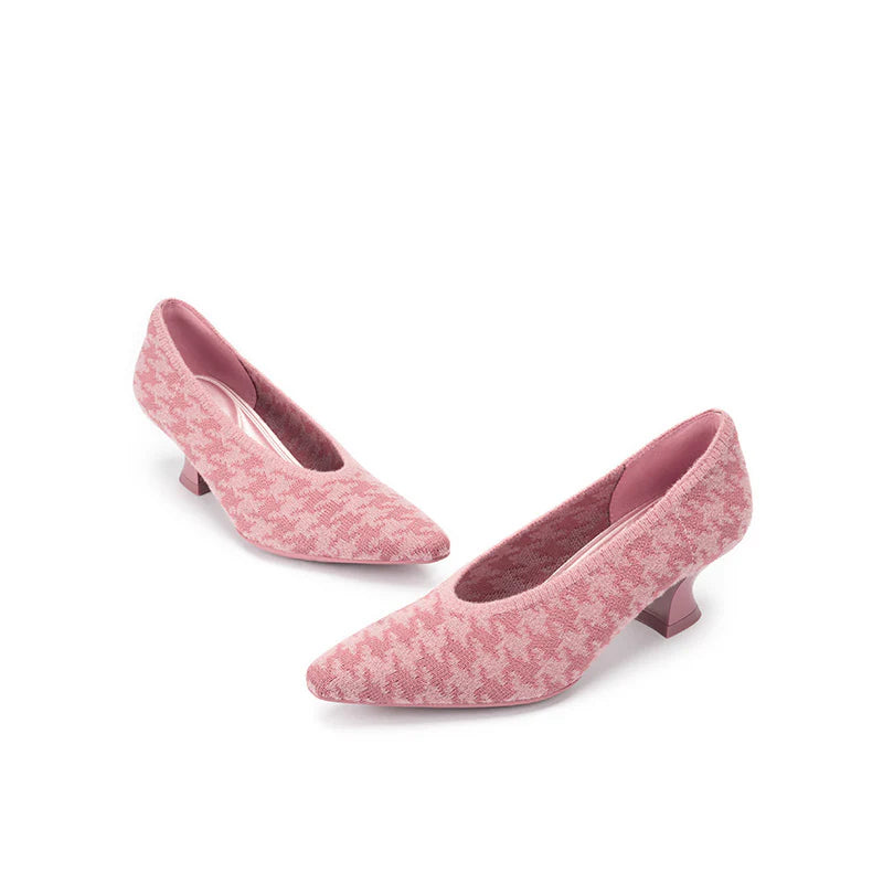 Houndstooth Block Heel Pumps - Pink