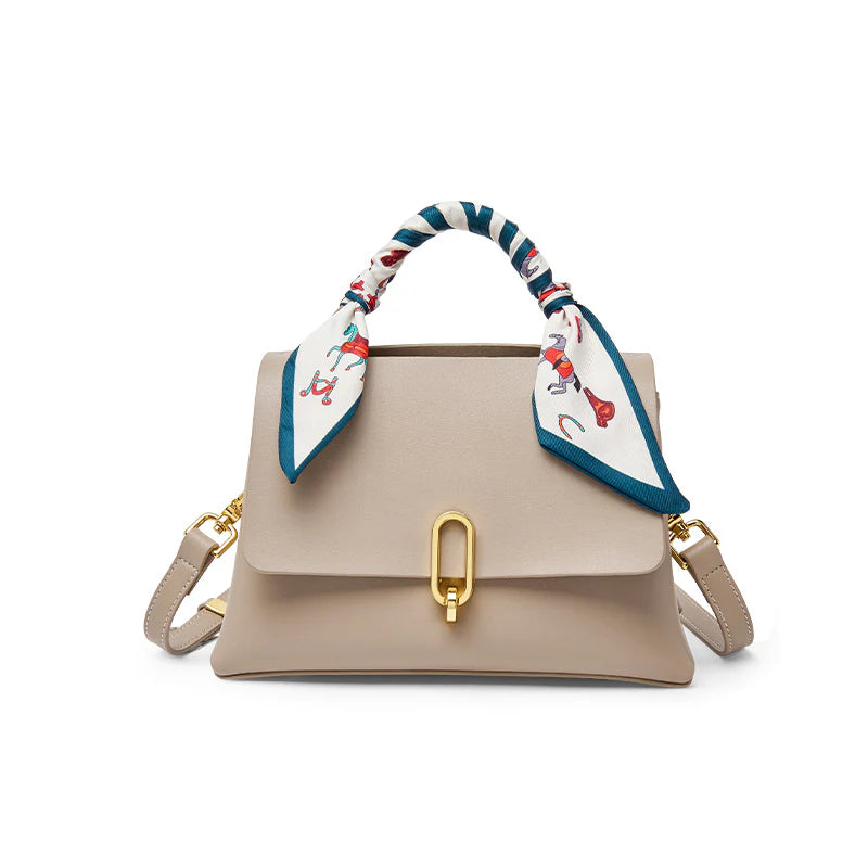 Nalandu Elegant Apricot Leather Satchel Bag with Silk Scarf Handle - Apricot