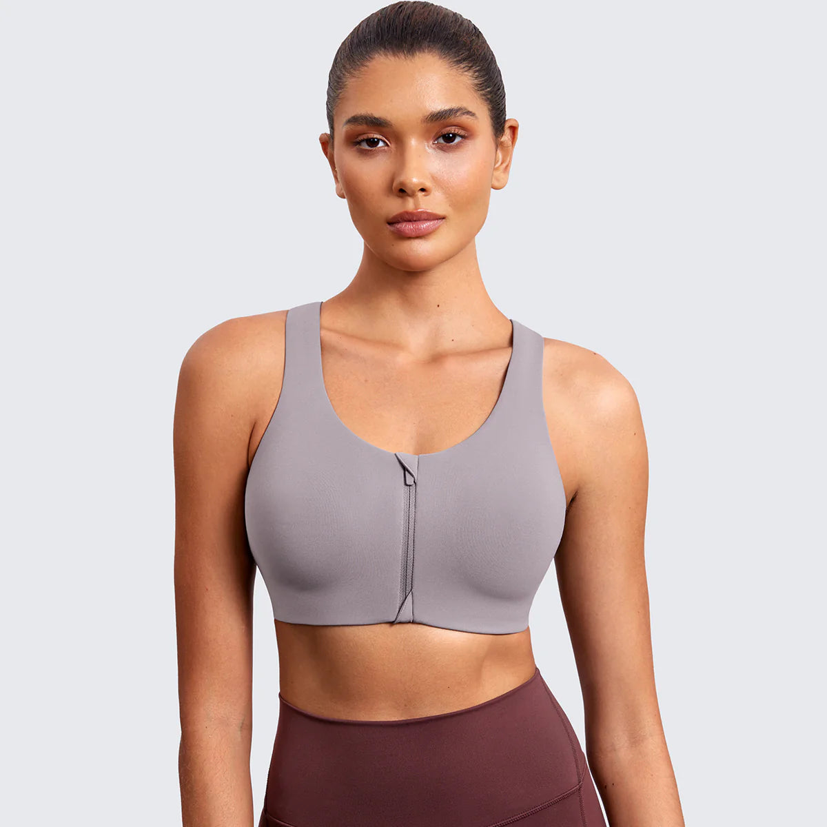 Power On Soft Padded High Impact Zip Front Sports Bra - Grey