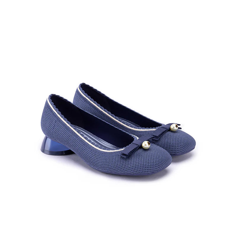 Pearl Bow Knit Square Toe Loafer Pumps - Indigo