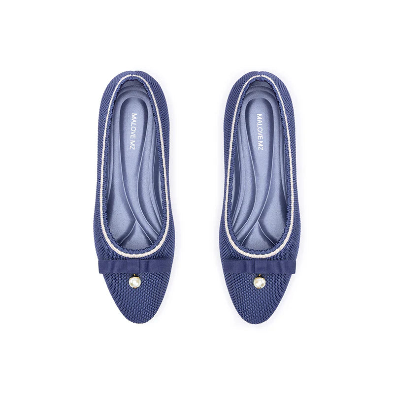 Shallow Wedge Pearl Bow Work Shoes - Indigo