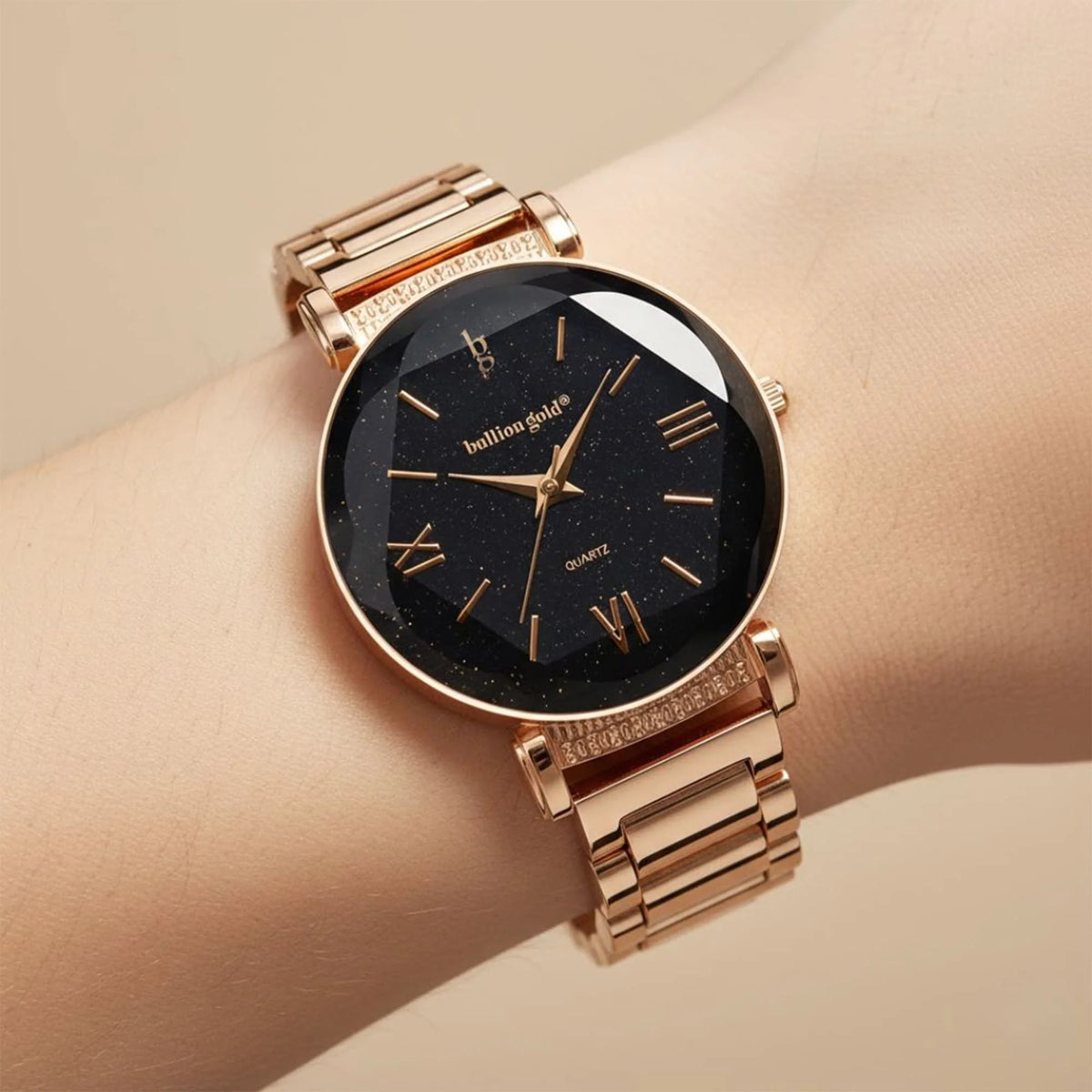 Boxed Black Face Watch & Earrings Set In Rose Gold
