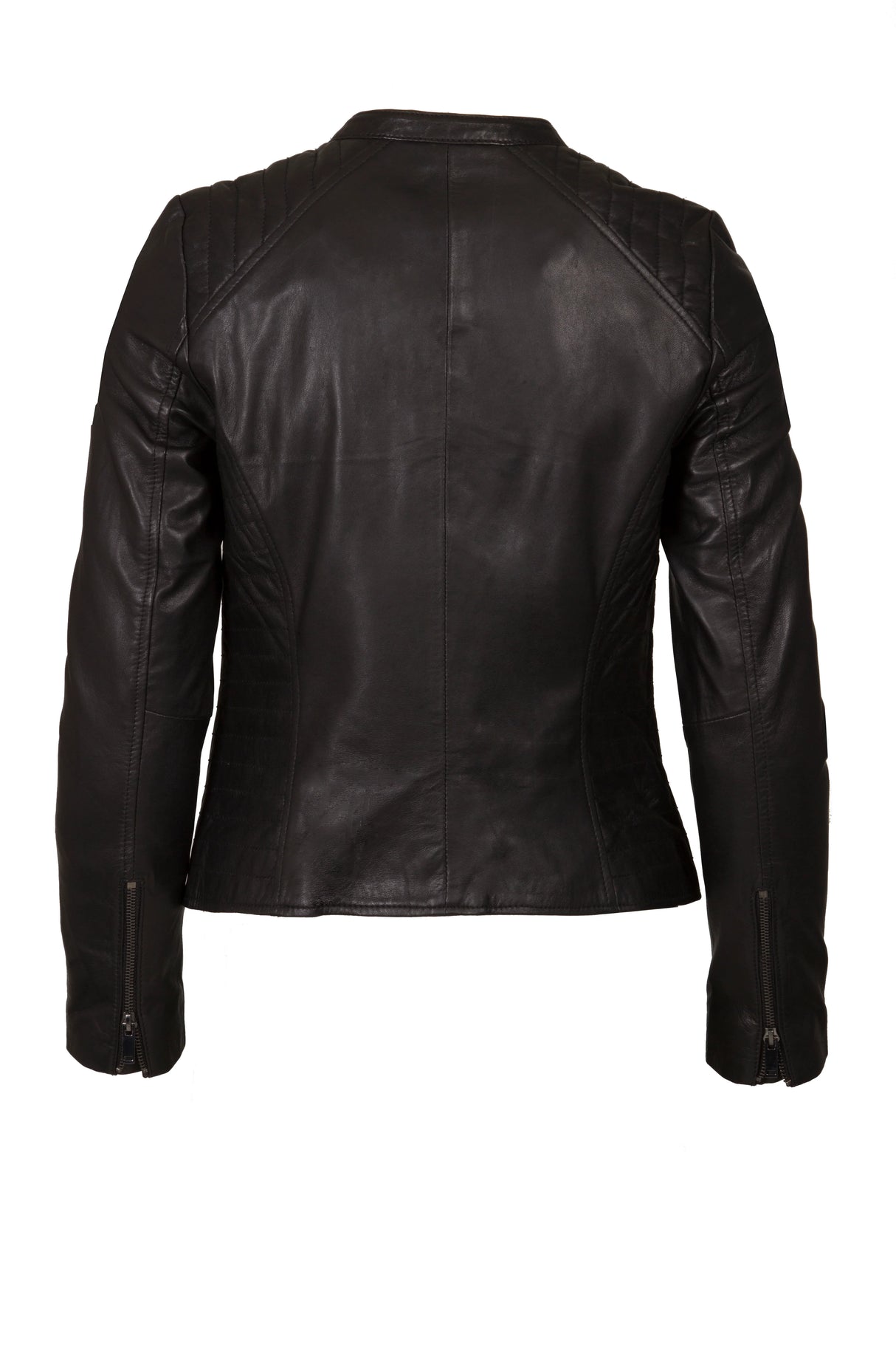 Womens Leather Stand Up Collar Jacket in Black