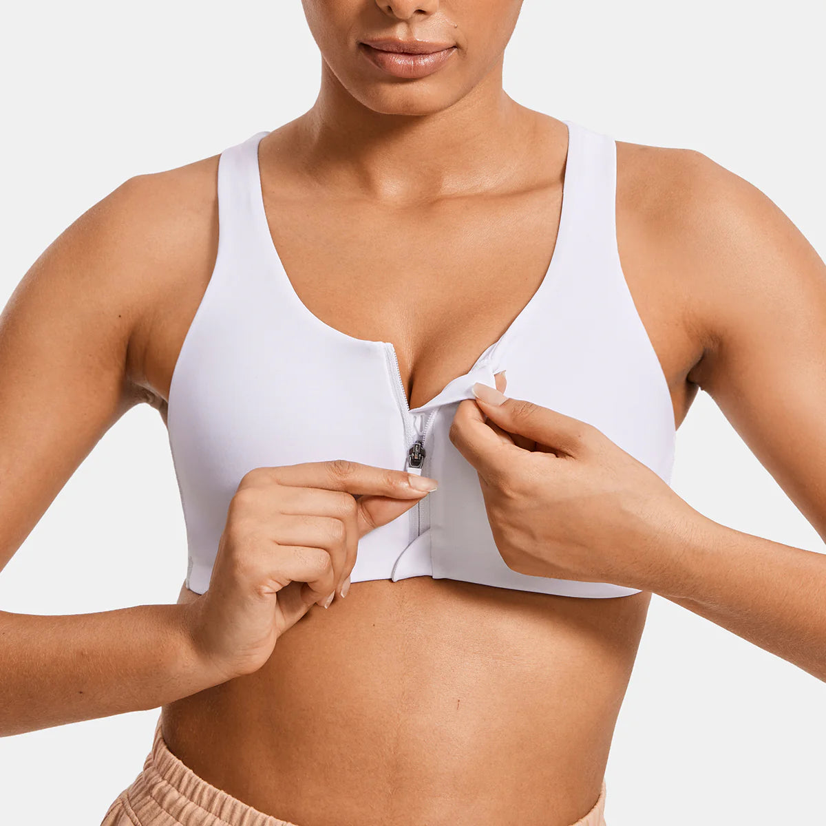 Power On Soft Padded High Impact Zip Front Sports Bra - White