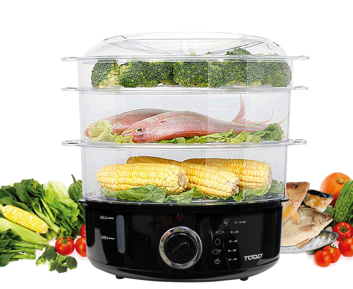 TODO 9L Steam Cooker Steamer 3 Tray 800W Power Dial Timer Healthy Stackable