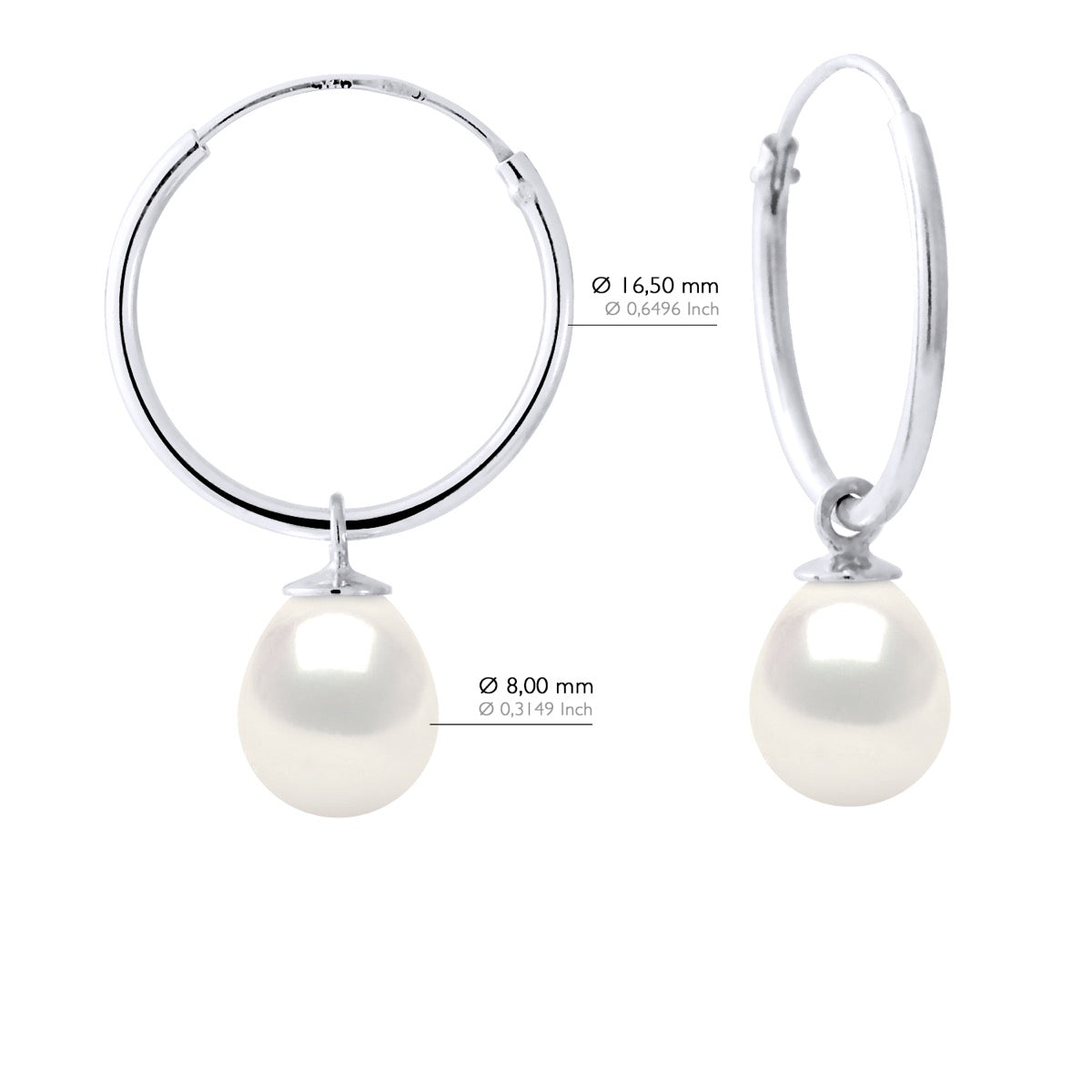 Earrings of Silver 925 Rhodium Plated and Real Freshwater Pearls Pear 8-9 mm - Natural Pearl White - Longueur 42 cm