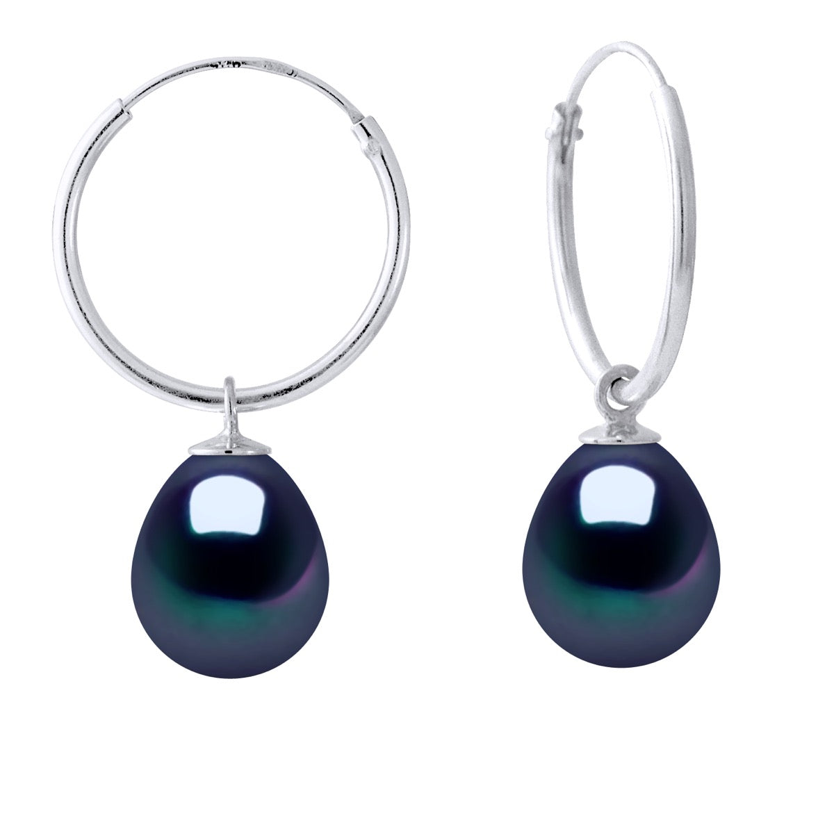 Earrings of Silver 925 Rhodium Plated and Real Freshwater Pearls Pear 8-9 mm - Black "Tahitian Style" - Longueur 42 cm