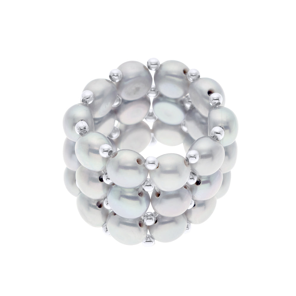 Ring 3 Rows - Pearl Grey Natural Pearl - Size adjustable from Size 48 to Size 62 ( France ) - see enclosed Sizer