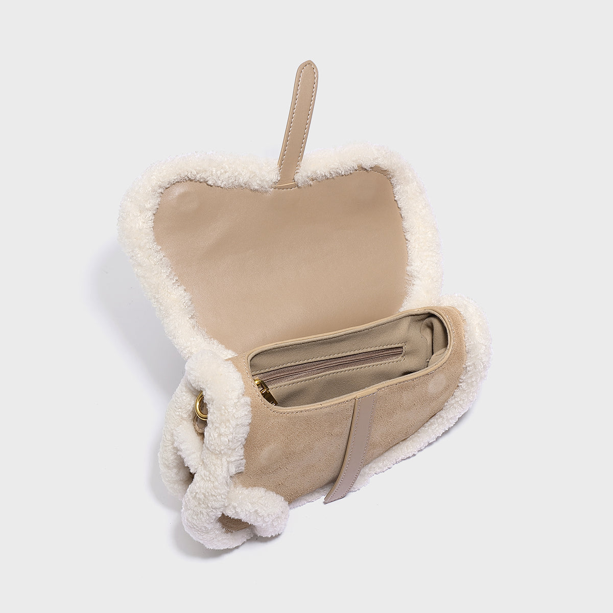 Beige Shearling Saddle Shoulder Bag - Beige