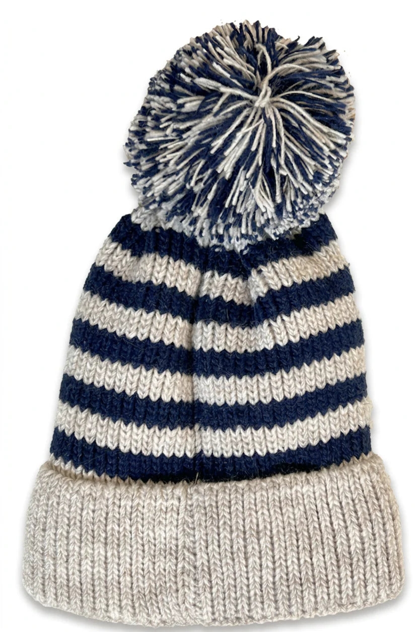 Cherry Red Stripe Kids Beanie W/ Pom Pom - Blue/Cream
