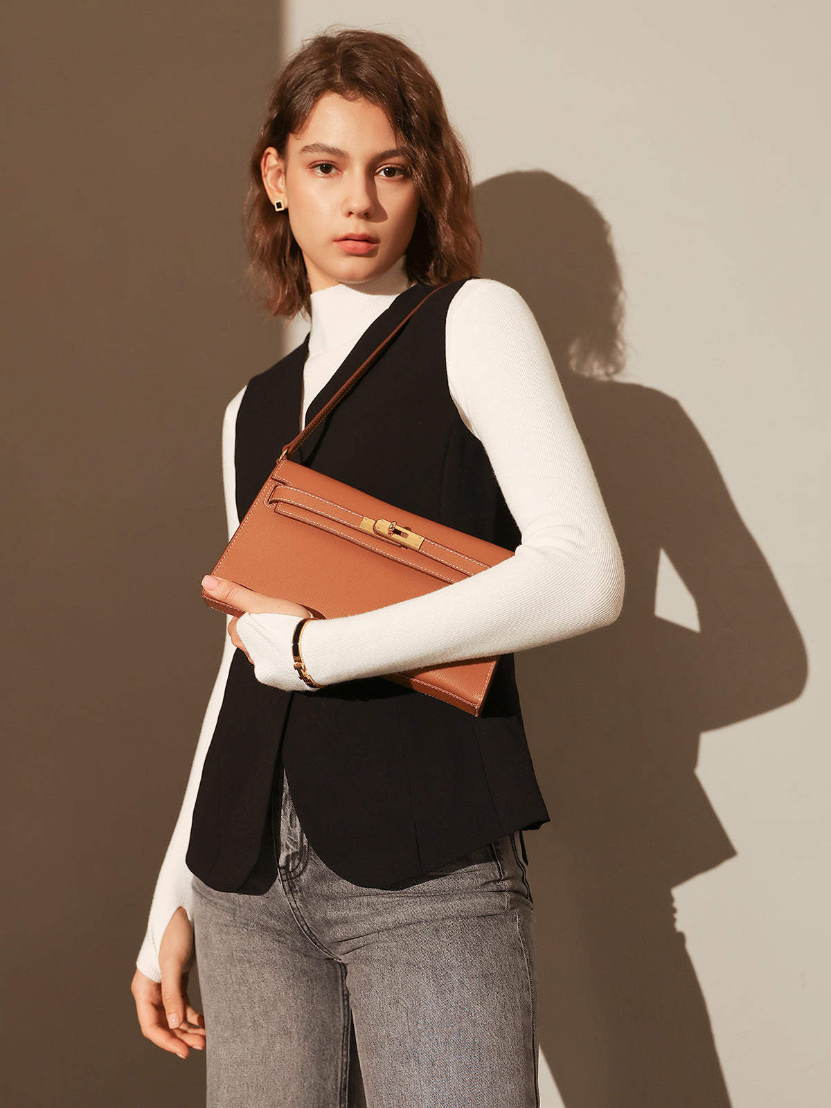 Camille Palm-Grain Calfskin Shoulder Bag - Brown
