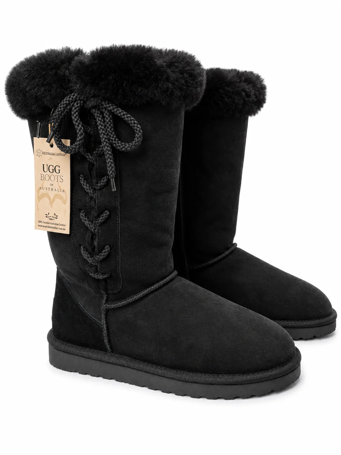 Australian Leather Ugg Tall Fur Cuff Lace Up - Black - AU5