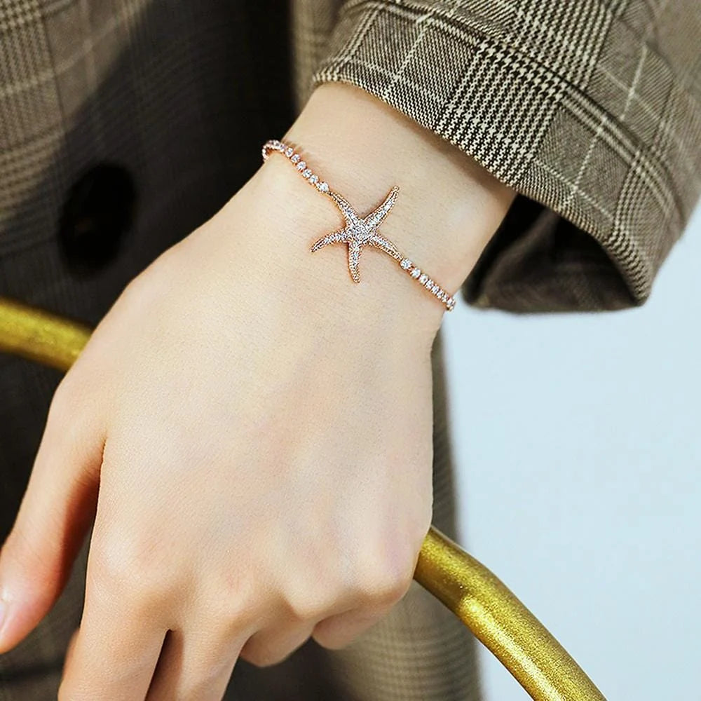 Bullion Gold Starfish Slider Bracelet with Simulated Diamond in Rose Gold Layered Steel Jewellery