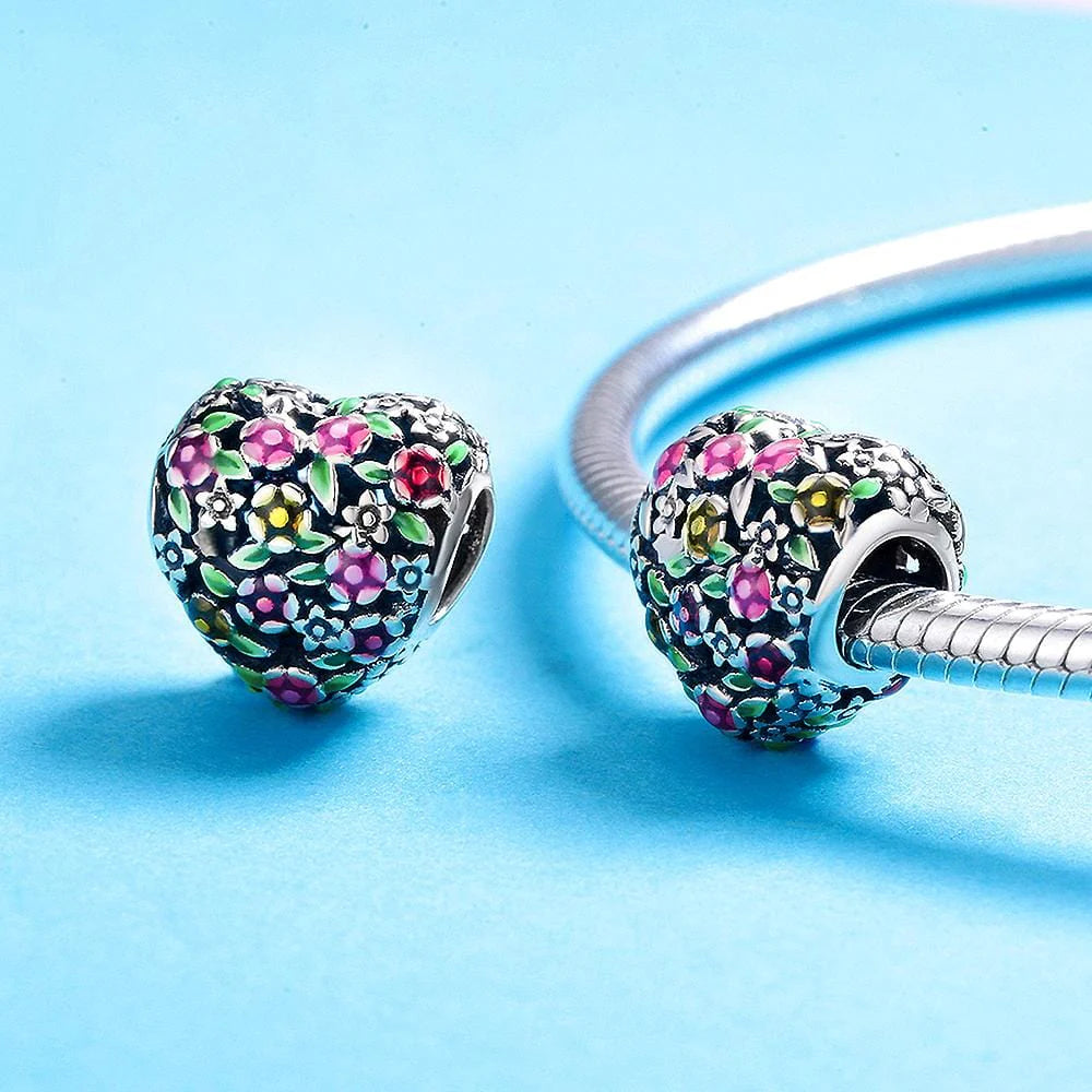 Solid 925 Sterling Silver Magnolia Bloom Heart Charm