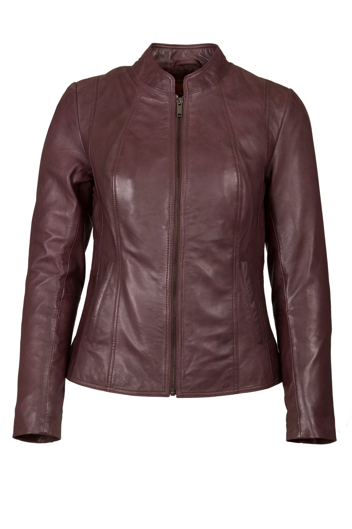 Womens Leather Stand Up Collar Jacket in Wine