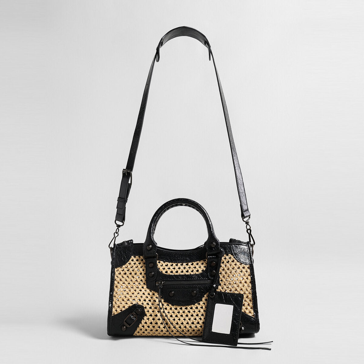 Studded Woven Straw Moto Bag - Black