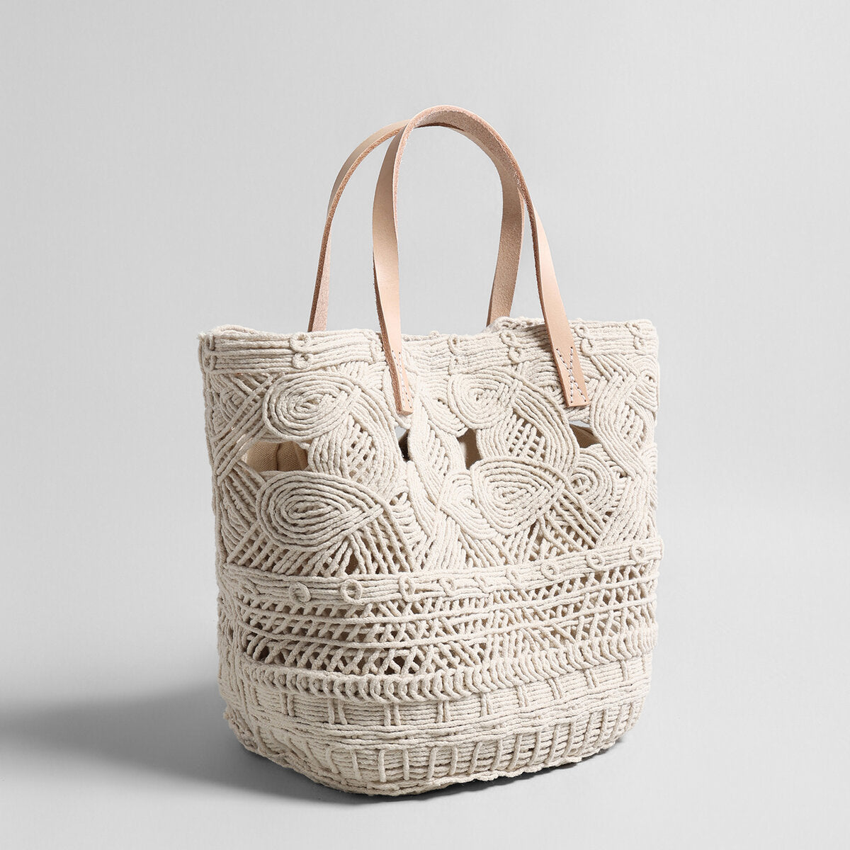 Multi-Pattern Macrame Basket Tote - Ivory