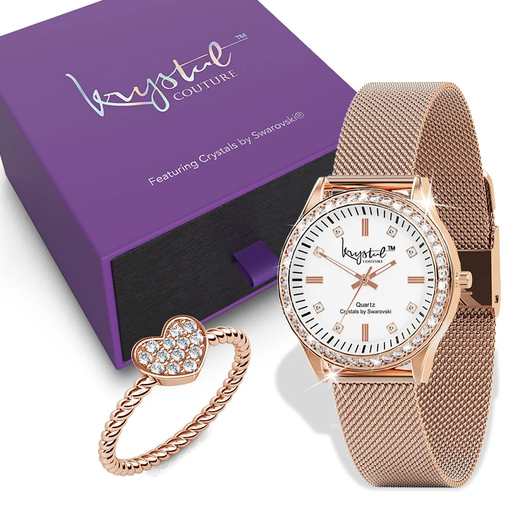 Boxed Krystal Couture Sensational Lux Watch with Ring Set Embellished Crystals from SWAROVSKI® in Rose Gold