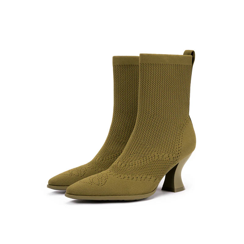 Pointed Toe Knit Sock Boots - Avocado