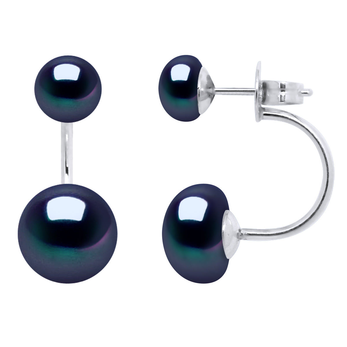 Earrings Duo Real Cultured Freshwater Pearls Button 6 and 9 mm - "Black Tahitian Style" - Longueur 18 cm