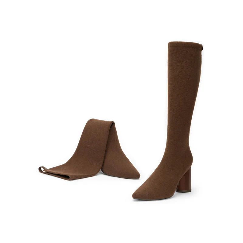 Pointed Toe Block Heel Stretch Knee High Boots - Coffee